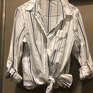 Navy blue and white stripped tie blouse